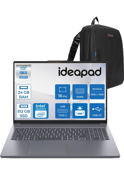 Ideapad Slim 3 16IRH10 Intel Core I5 13420H 24GB 512GB SSD Freedos 16" Wuxga (1920X1200) IPS 300NITS Taşınabilir Bilgisayar IP83K20077TRF06 + Zetta Çanta