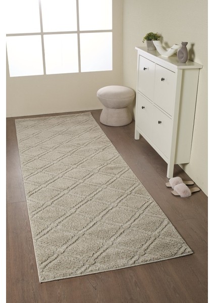 Yumuşak Peluş Tüylü Iskandinav Desenli Kabarık Bukleli Bej Renkli Halı