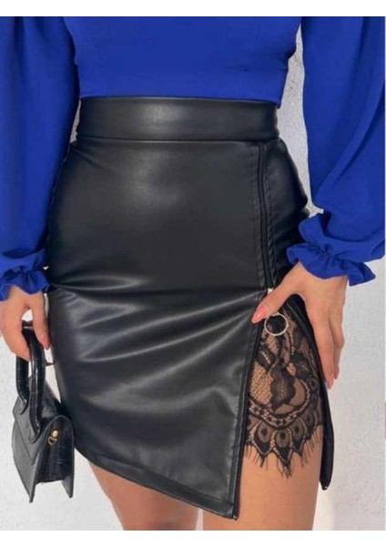 Dantel Detaylı Deri Etek