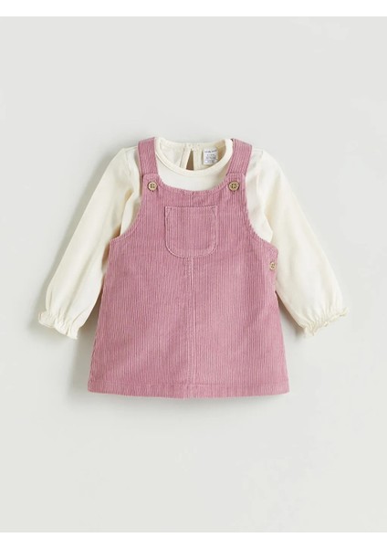 Baby Pembe Bisiklet Yaka Pamuklu Kadife Kız Bebek Bluz ve Salopet 2'li Takım