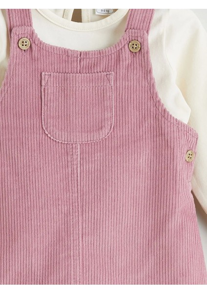 Baby Pembe Bisiklet Yaka Pamuklu Kadife Kız Bebek Bluz ve Salopet 2'li Takım