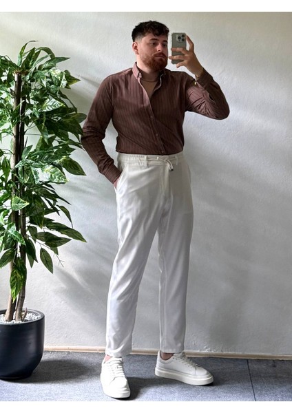 Acı Kahve Beyaz Çizgili Modal Kumaş Gömlek Üst Kalite Kumaş Erkek Kombinlenebilir Kadın