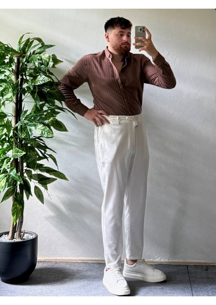 Acı Kahve Beyaz Çizgili Modal Kumaş Gömlek Üst Kalite Kumaş Erkek Kombinlenebilir Kadın fiyatları