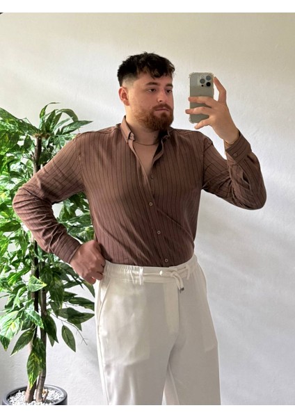 Acı Kahve Beyaz Çizgili Modal Kumaş Gömlek Üst Kalite Kumaş Erkek Kombinlenebilir Kadın modelleri