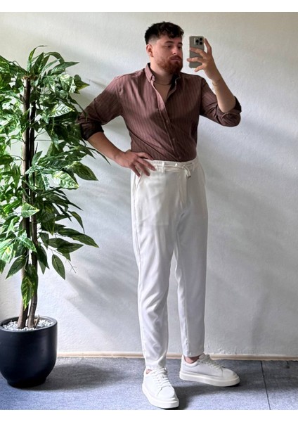 Acı Kahve Beyaz Çizgili Modal Kumaş Gömlek Üst Kalite Kumaş Erkek Kombinlenebilir Kadın fırsatları