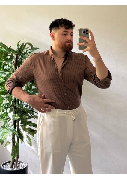 Acı Kahve Beyaz Çizgili Modal Kumaş Gömlek Üst Kalite Kumaş Erkek Kombinlenebilir Kadın indirimleri
