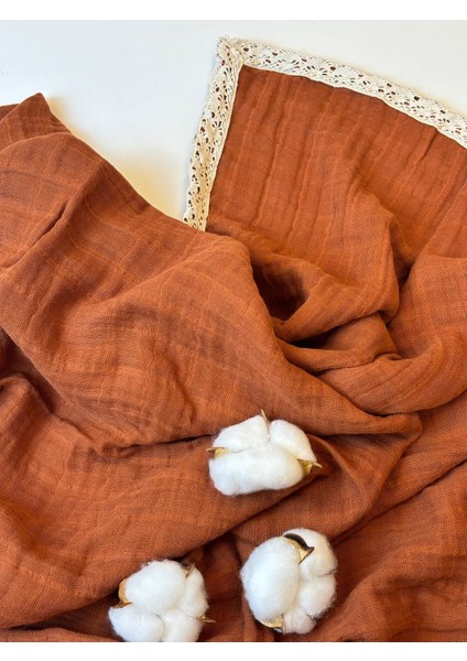 Kiremit 3 Katlı Dantelli %100 Pamuk Müslin Battaniye & Müslin Örtü 100X100CM modelleri