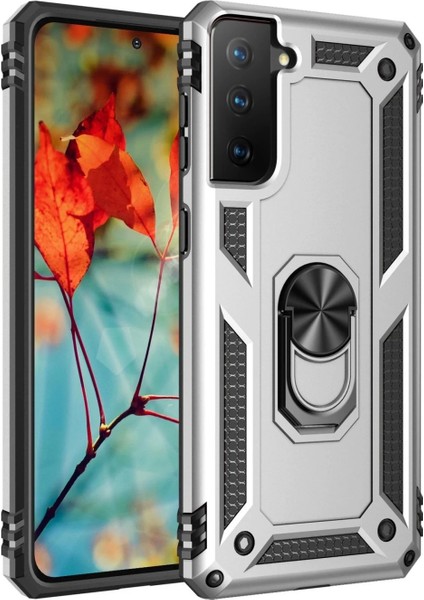 Samsung Galaxy S21 Kılıf Sofya Yüzüklü Silikon Kapak - Gümüş