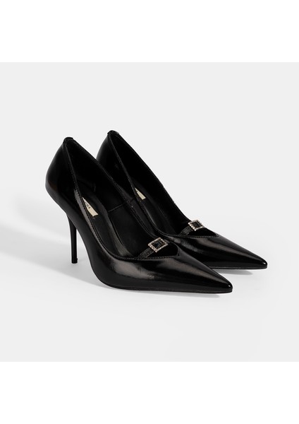 Kadın Siyah Taşlı Toka Detaylı Rugan Topuklu Abiye Ayakkabı