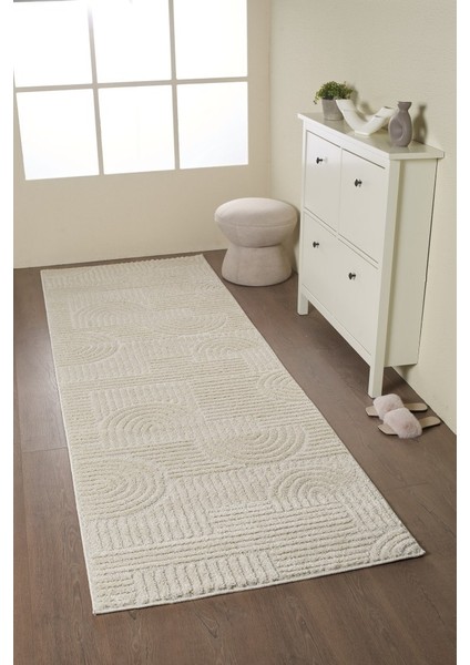 Yumuşak Peluş Tüylü Iskandinav Desenli Kabarık Bukleli Krem Renkli Halı