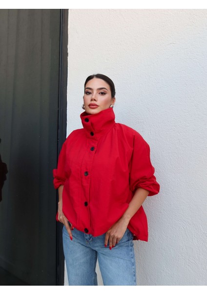Kırmızı Dik Yaka Bomber Ceket
