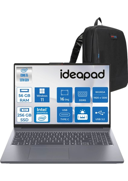 Ideapad Slim 3 16IRH10 Intel Core I5 13420H 56GB 256GB SSD Windows 11 Pro 16" Wuxga (1920X1200) IPS 300NITS Taşınabilir Bilgisayar IP83K20077TRP13 + Zetta Çanta