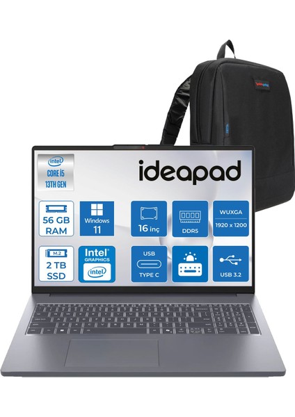 Ideapad Slim 3 16IRH10 Intel Core I5 13420H 56GB 1tb SSD + 1tb SSD Windows 11 Pro 16" Wuxga (1920X1200) IPS 300NITS Taşınabilir Bilgisayar IP83K20077TRP16 + Zetta Çanta