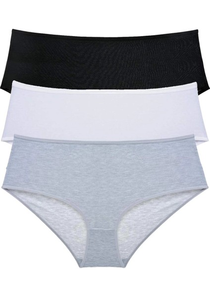 3 Adet Kadın Yüksek Bel Bato Külot Siyah Beyaz Gri