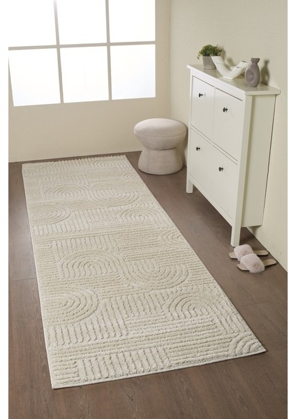 Yumuşak Peluş Tüylü Iskandinav Desenli Kabarık Bukleli Krem Renkli Halı