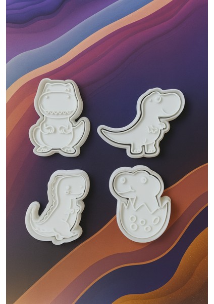Dinozor Kurabiye Kalıbı Seti 4lü Beyaz – T-Rex, Dinozor ve Yumurtadan Çıkan Dinozor Hamur Kalıbı