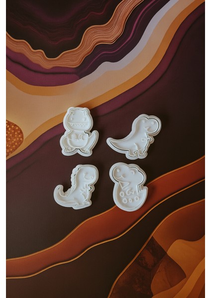 Dinozor Kurabiye Kalıbı Seti 4lü Beyaz – T-Rex, Dinozor ve Yumurtadan Çıkan Dinozor Hamur Kalıbı modelleri