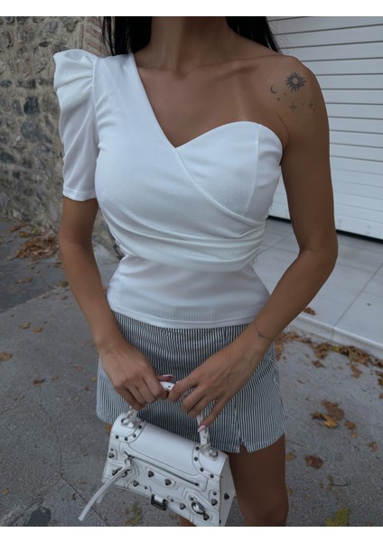 Tek Omuz Prenses Kol Crep Bluz indirimleri