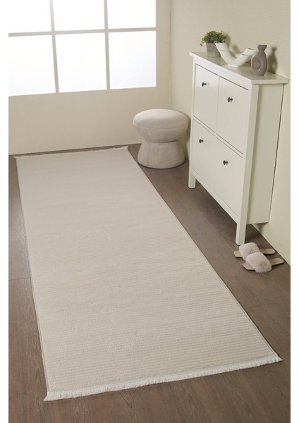 Modern Tasarımlı Salon Mutfak Koridor Halısı Düz Saçaklı Bej Renkli