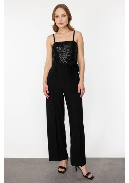 Kadın Ip Askılı Pul Işlemeli Tulum 4486 Siyah