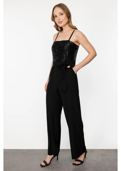 Kadın Ip Askılı Pul Işlemeli Tulum 4486 Siyah modelleri