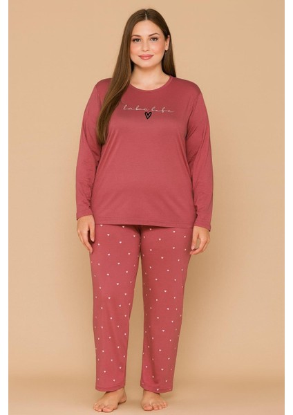 Kadın 20742 Büyük Beden Uzun Kol % 100 Pamuk Milan Pijama Takımı Gül Kurusu