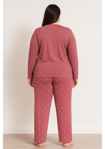 Kadın 20742 Büyük Beden Uzun Kol % 100 Pamuk Milan Pijama Takımı Gül Kurusu fiyatları