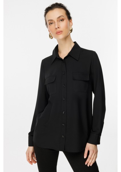 Kadın Gömlek Yaka Kapak Cepli Bluz 2023 Siyah