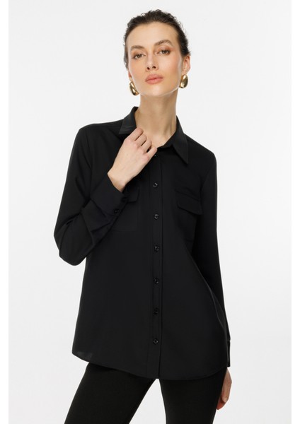 Kadın Gömlek Yaka Kapak Cepli Bluz 2023 Siyah fiyatları