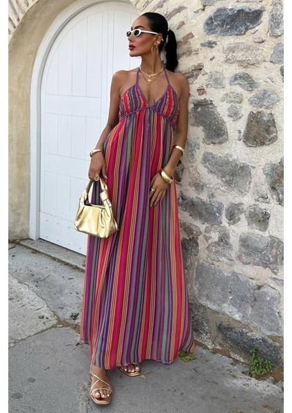 Askılı Pile Detaylı Renkli Maxi Elbise 2748