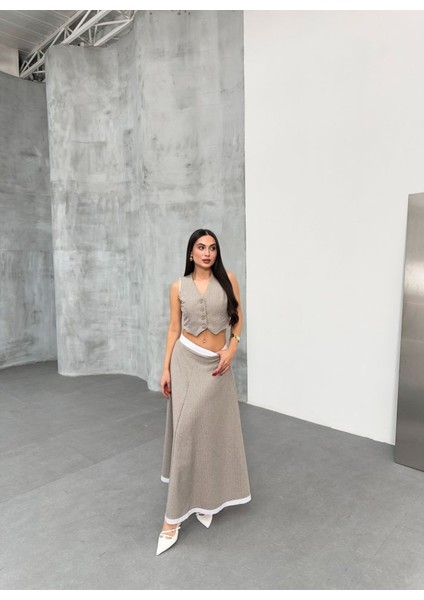 Gi̇o Çi̇zgi̇li̇ Garni̇li̇ Mi̇di̇ Etek Yelek Takim