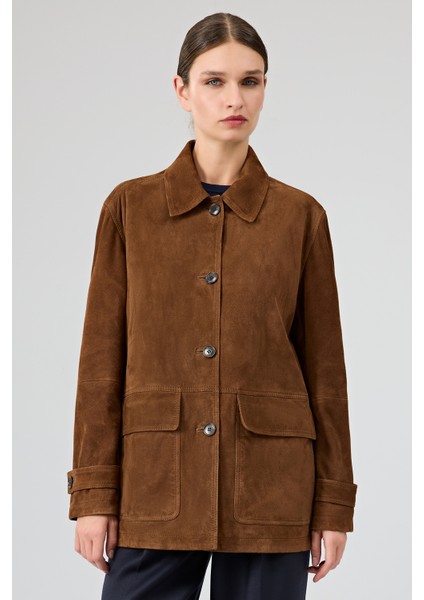 Petra Kadın Kahverengi Gömlek Yaka Oversize Süet Deri Ceket 25WGD53221B