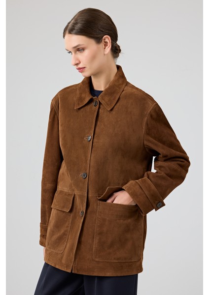 Petra Kadın Kahverengi Gömlek Yaka Oversize Süet Deri Ceket 25WGD53221B fiyatları