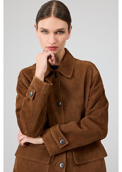 Petra Kadın Kahverengi Gömlek Yaka Oversize Süet Deri Ceket 25WGD53221B