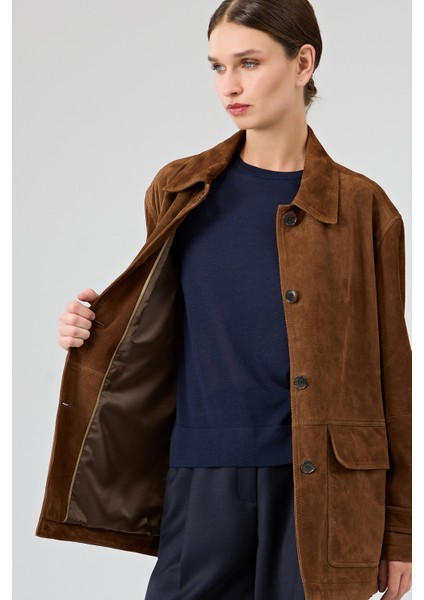 Petra Kadın Kahverengi Gömlek Yaka Oversize Süet Deri Ceket 25WGD53221B