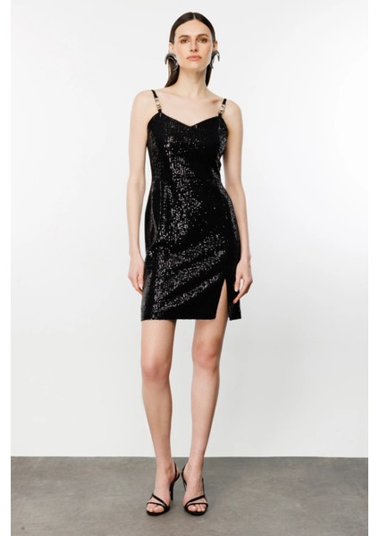 Kadın Askıları Metal Aksesuarlı Mini Elbise 4102 Siyah
