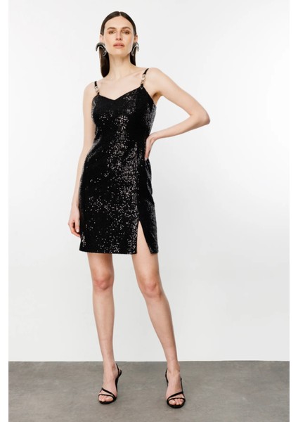 Kadın Askıları Metal Aksesuarlı Mini Elbise 4102 Siyah modelleri