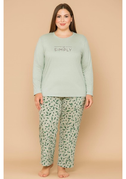 Kadın 20714 Büyük Beden % 100 Pamuk Milan Pijama Takımı Yeşil