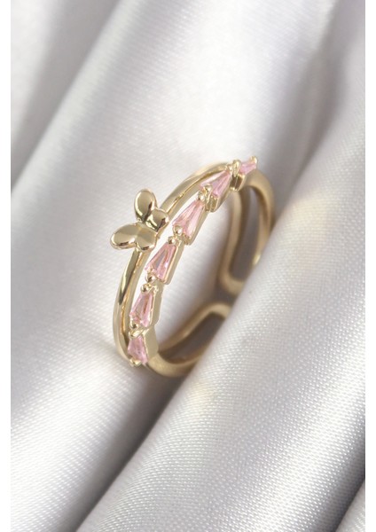 Bfs Pirinç Gold Renk Zirkon Taşlı Kelebek Figür Kadın Yüzük