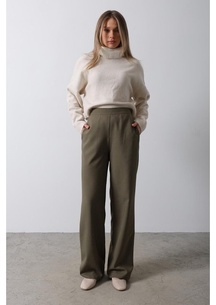 Beli Yarım Lastikli Palazzo Pantolon - Haki fiyatları