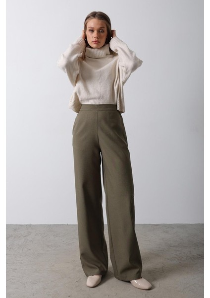 Beli Yarım Lastikli Palazzo Pantolon - Haki modelleri