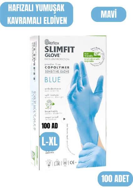 ( 1 Adet ) Reflex Slim Fit Pudrasız Eldiven Mavi L-Xl Beden Yeni Nesil Teknoloji 100'LÜ Paket