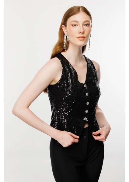 Kadın Payetli V Yaka Düğmeli Yelek 5110 Siyah