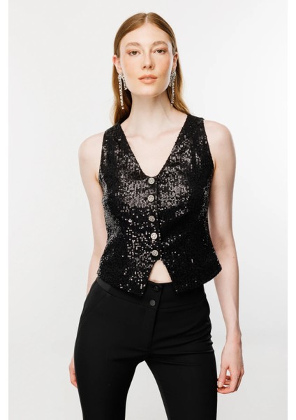 Kadın Payetli V Yaka Düğmeli Yelek 5110 Siyah fiyatları