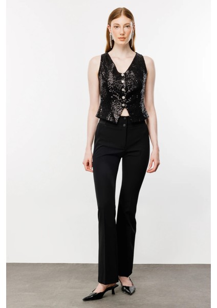 Kadın Payetli V Yaka Düğmeli Yelek 5110 Siyah modelleri