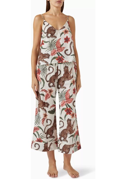 Desmond & Dempsey Soleia Kadın Lüks Pamuklu Pijama Takımı Geniş Paça Takımı Leopar Çiçek Desenli Set