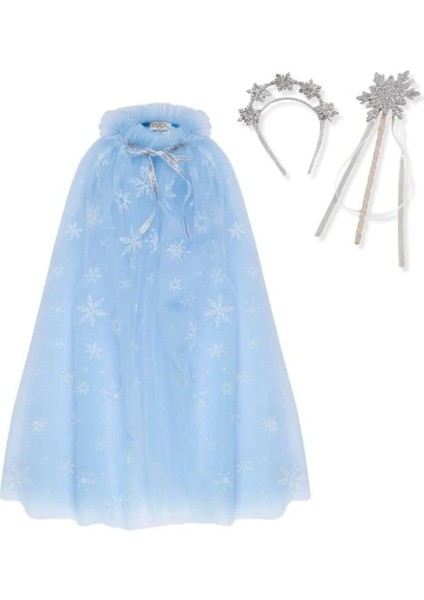 Çocuk Elsa Frozen Pelerin,kristal Taç ve Asası/mavi Renk / 3-10 Yaşlar