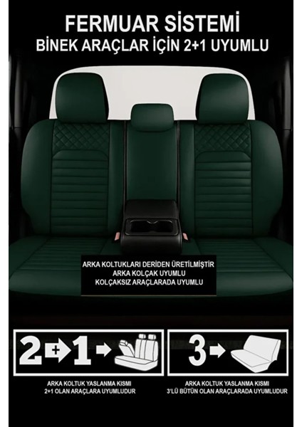 Dacia Duster Ambiance 1.6 16V 105 4x2 E0PB H A5 2013 Uyumlu Deri Serisi Yeşil Oto Kılıfı Tam Set indirimleri