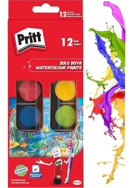 12 Renk Sulu Boya 1 Paket Fırça Hediyeli 12 Li Pritt Suluboya Canlı Renkler 28 mm Boya Çapı Büyük Boy fiyatları