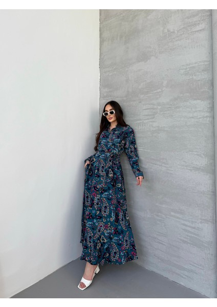 Etnik Badem Desen Lacivert Gömlek Elbise
